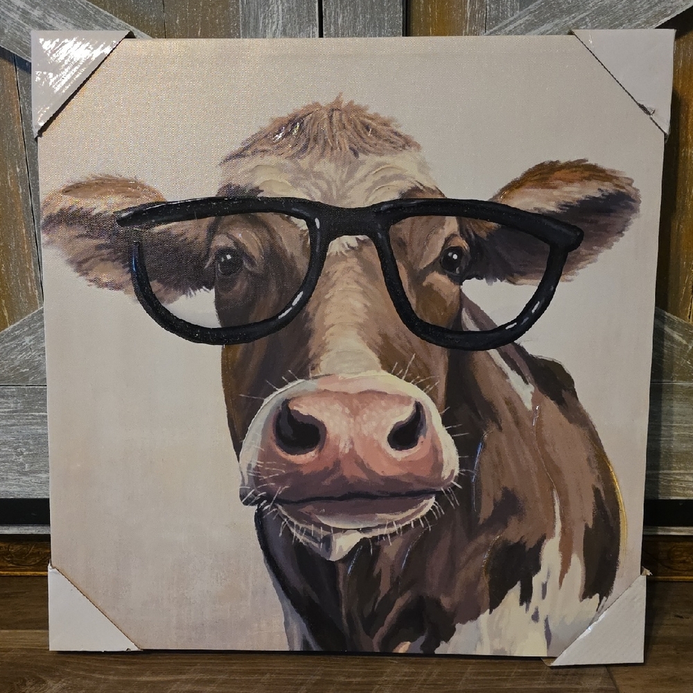 Cow Canvas Wall Art with Glasses